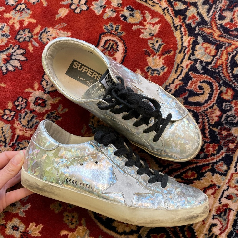 Golden Goose Silver Holographic Superstar Sneakers with Black Laces